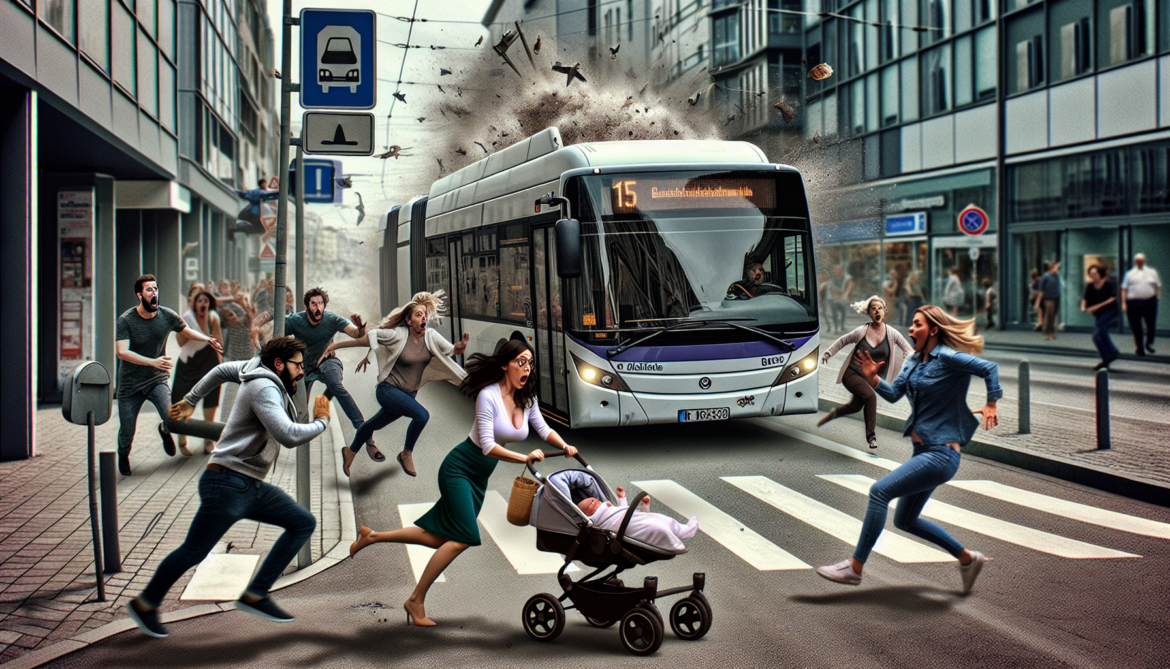 Unfallflucht: Bus-Vollbremsung mit Kinderwagen-Chaos.